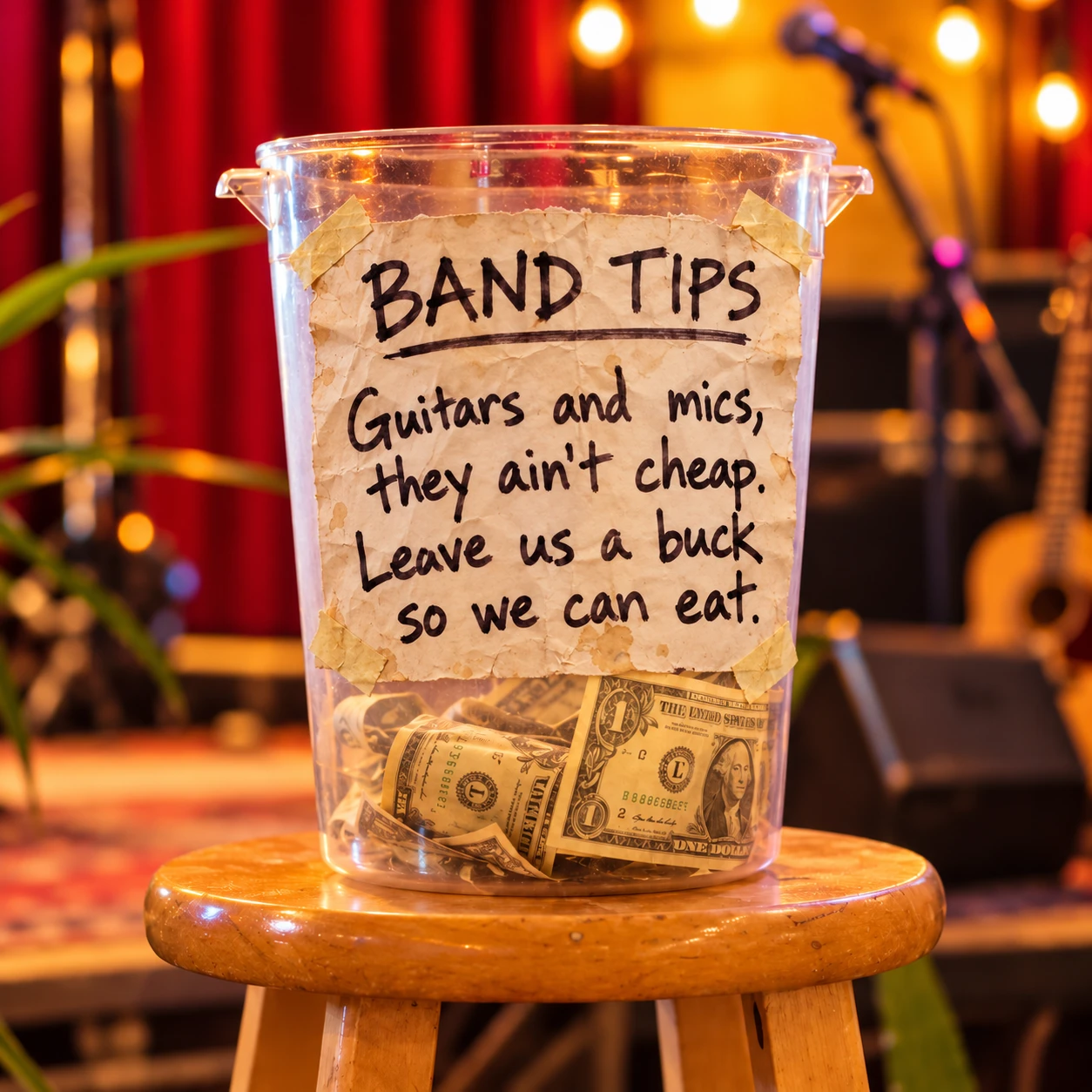 Band tip jar with a taped handwritten sign: Guitars and mics, they ain’t cheap. Leave us a buck so we can eat.