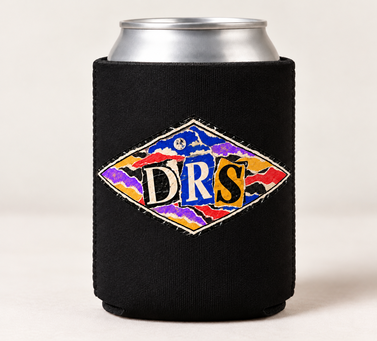 Black drink koozie with the colorful DRS diamond design.